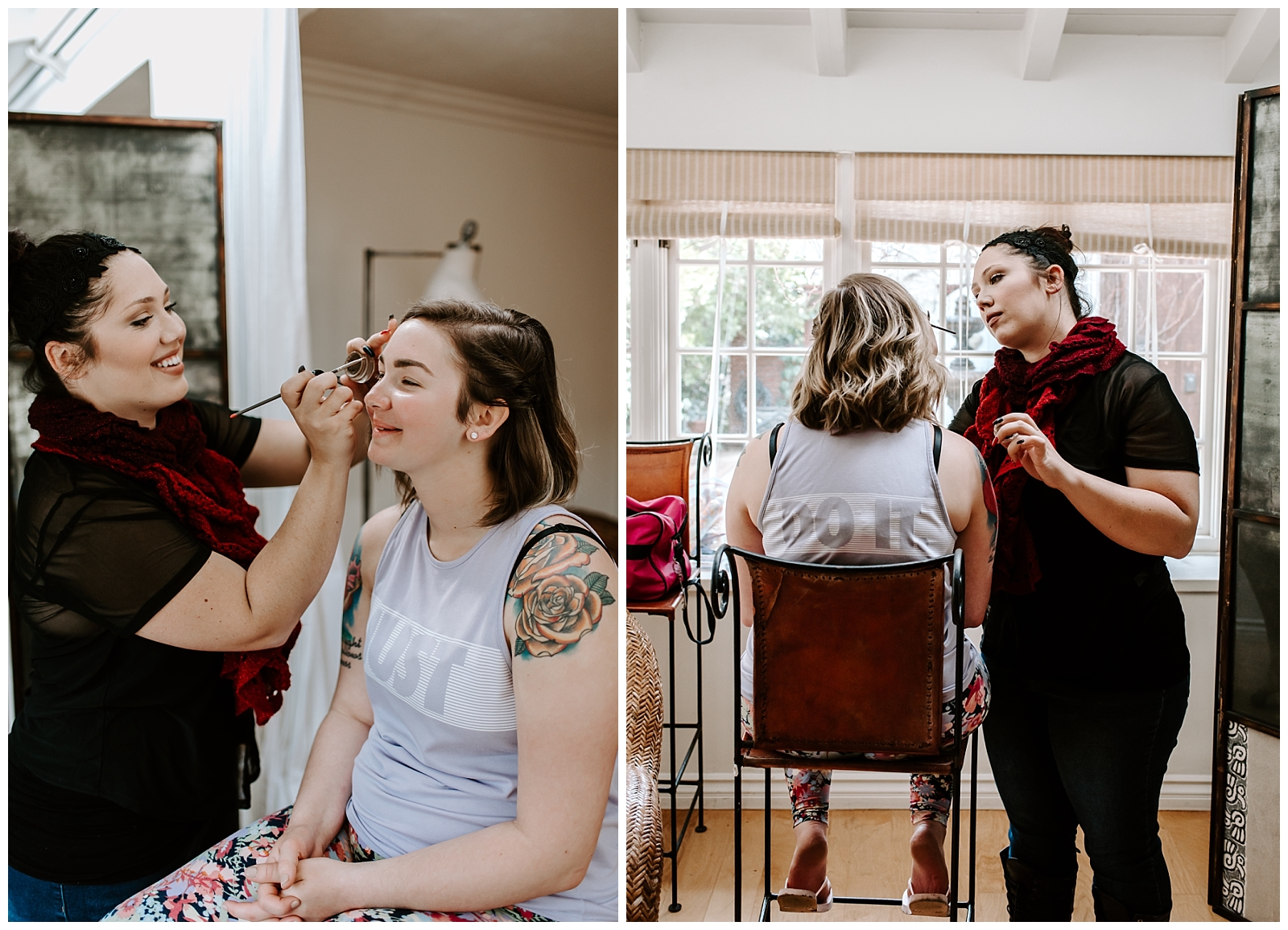 couples gets ready at their Airbnb for their mountain elopement