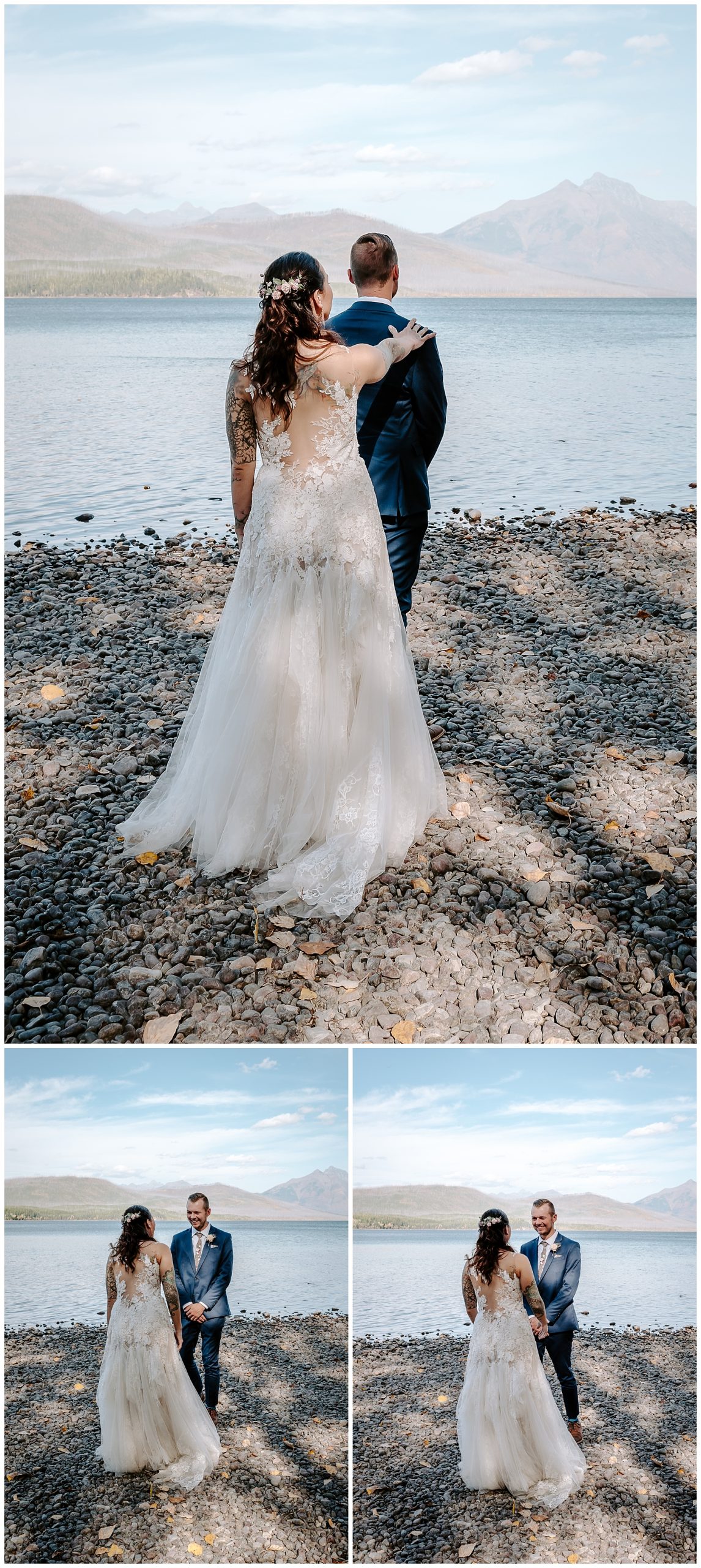 couple has a first look on Lake McDonald during elopement