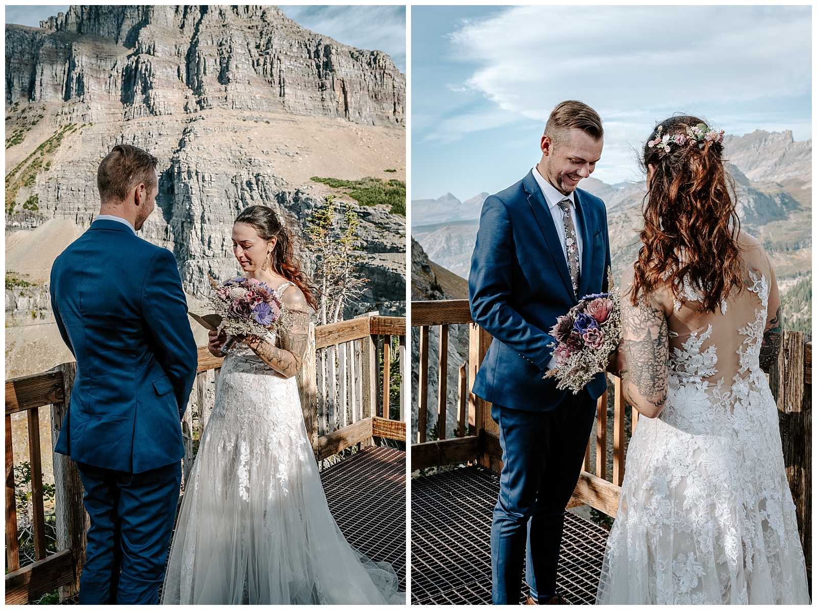 bride and groom say their vows at Lake McDonald