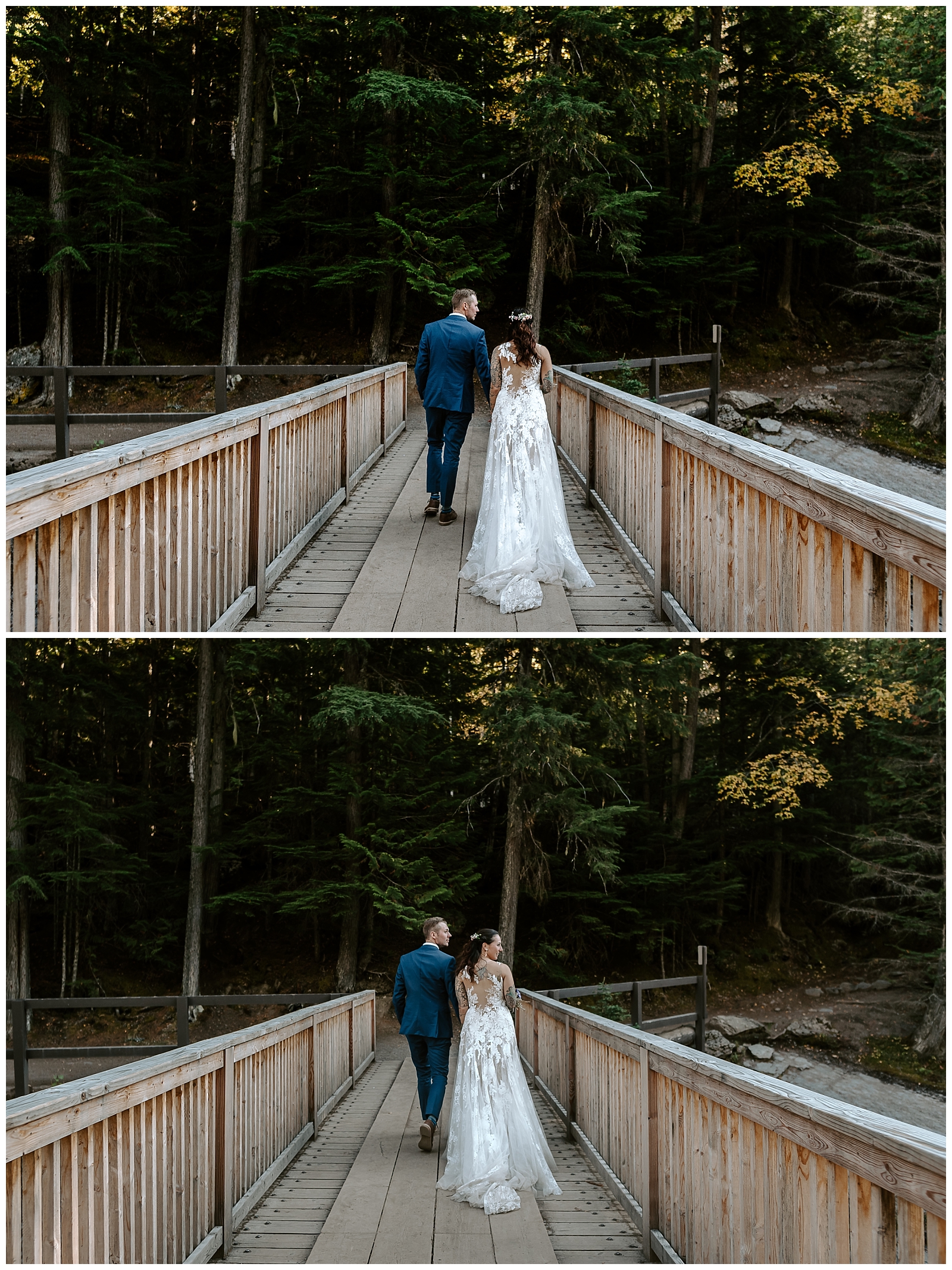 bride and groom adventure through the forest