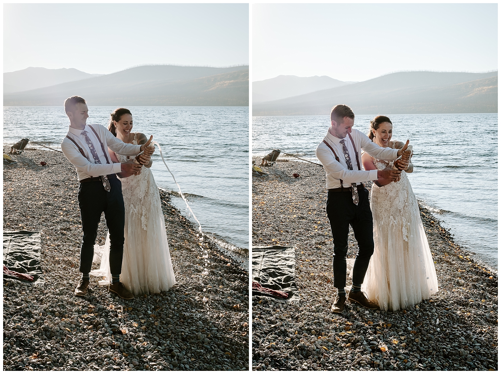 adventurous bride and groom have a picnic on lake mcdonald