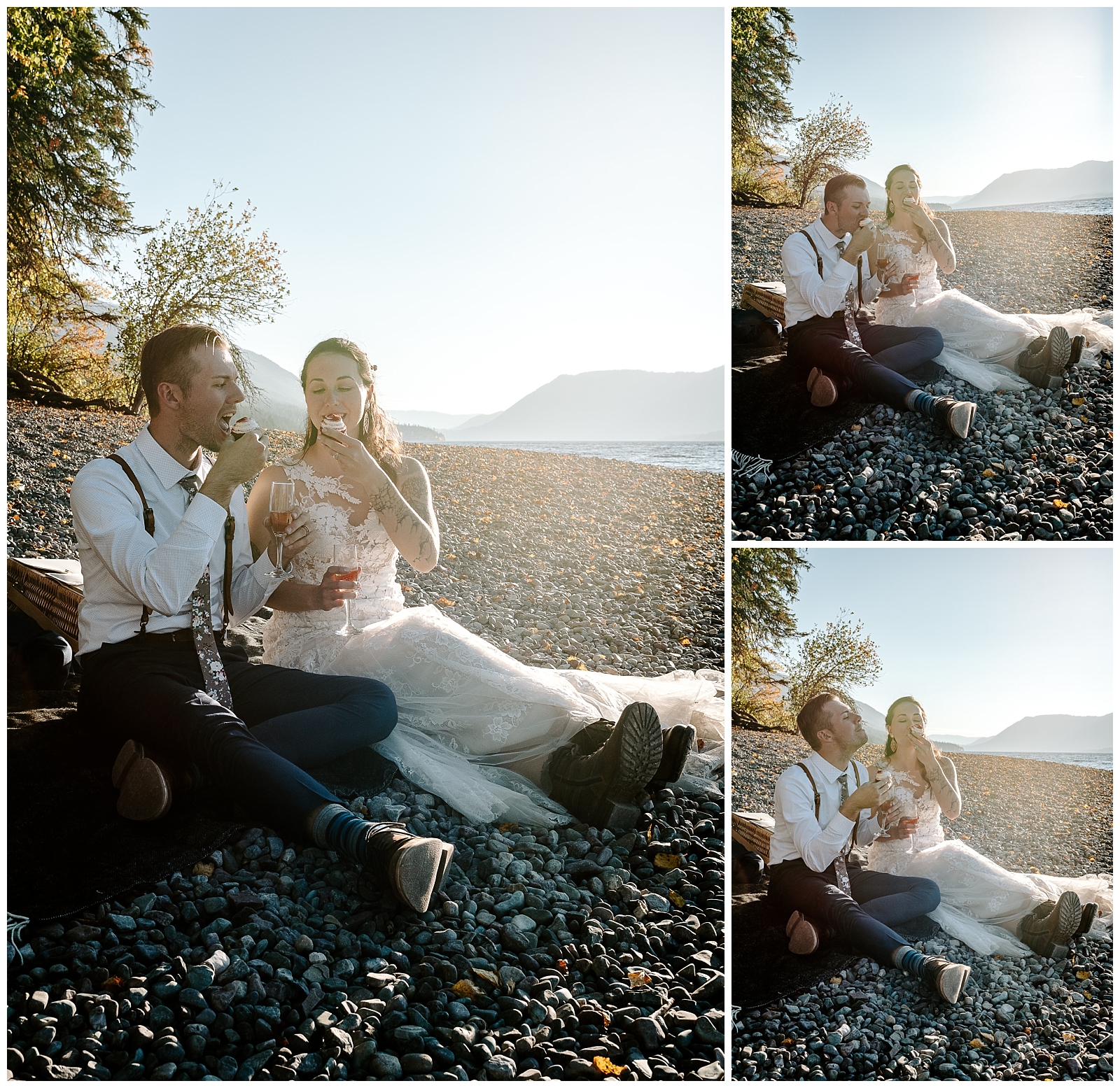 adventurous bride and groom have a picnic on lake mcdonald