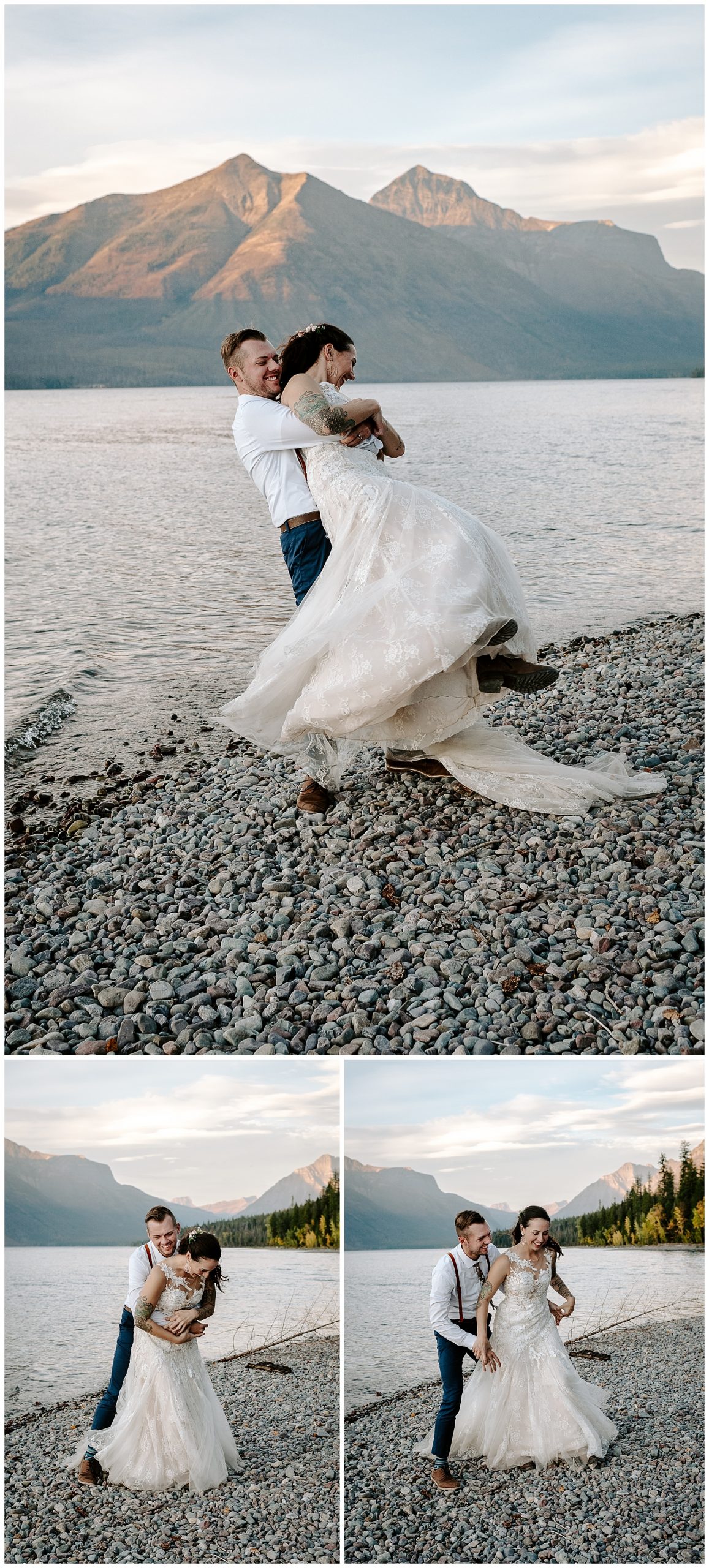 couple shares a first dance on Lake McDonald in montana