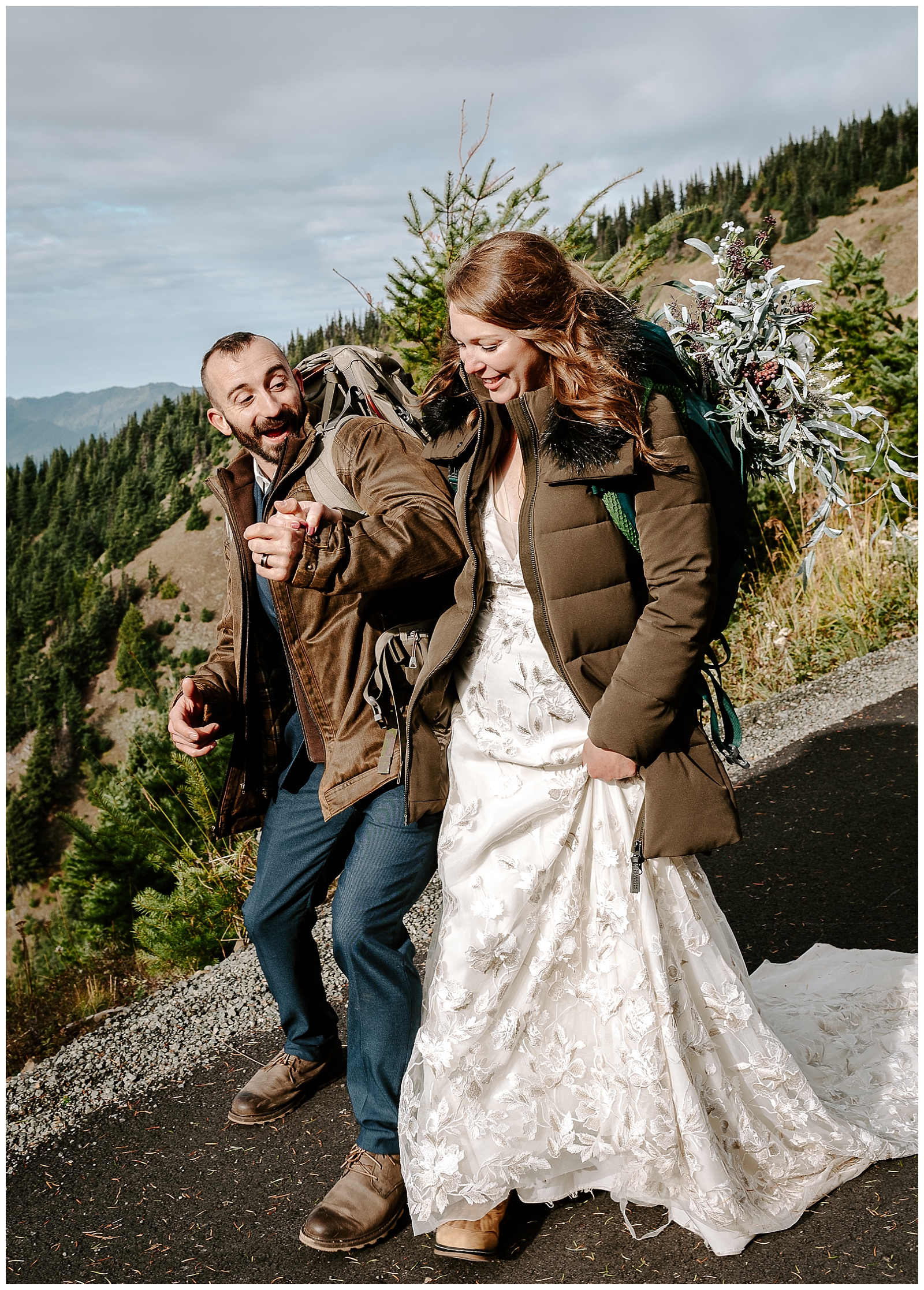 bride and groom hike at hurricane ridge in washington