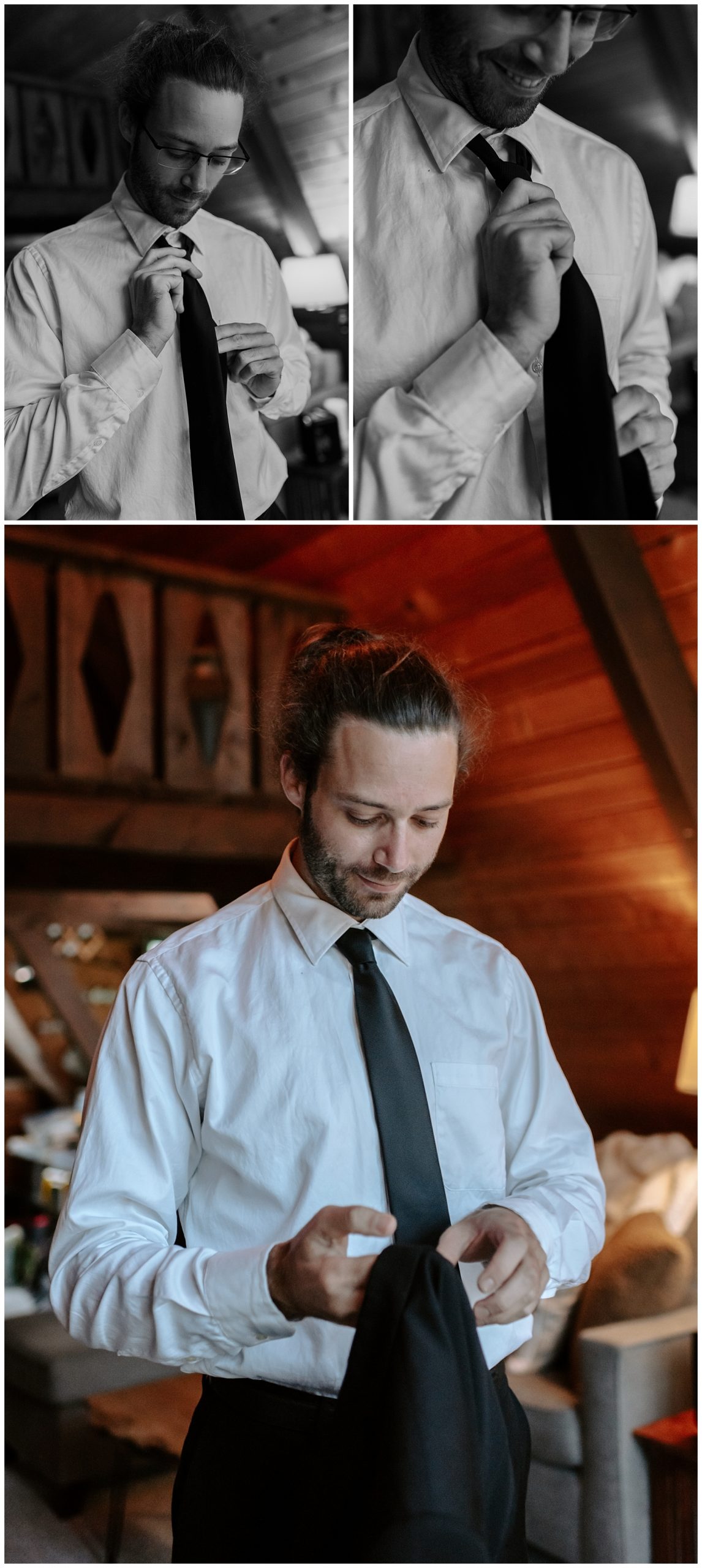 groom getting ready for a-frame elopement