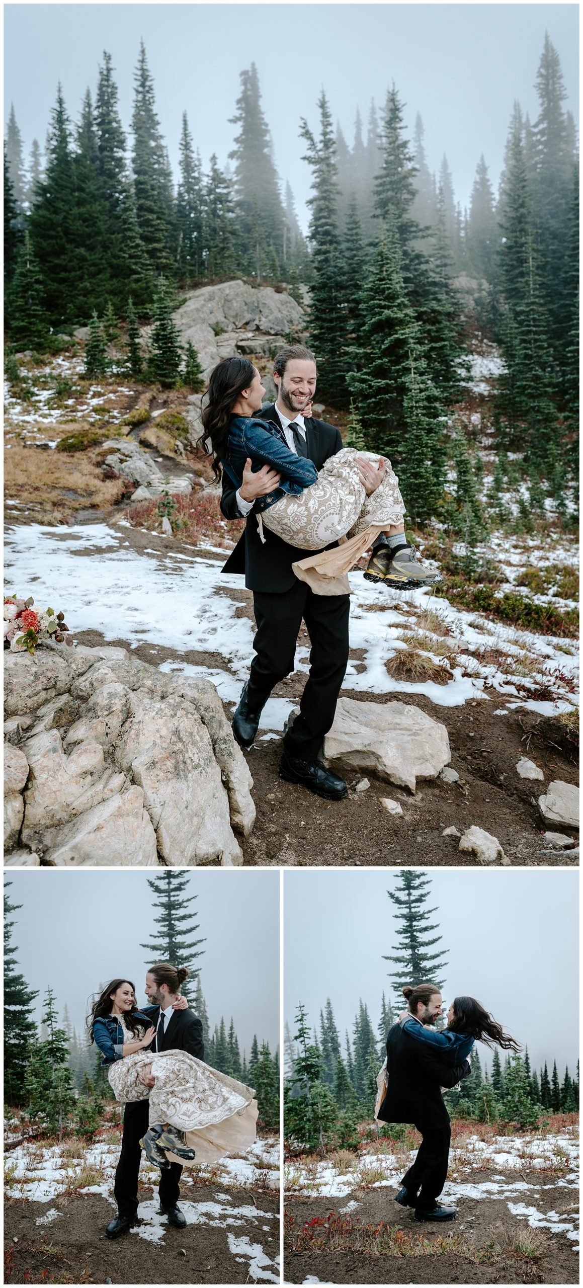 adventurous couple hikes in the snow after their a-frame cabin elopement