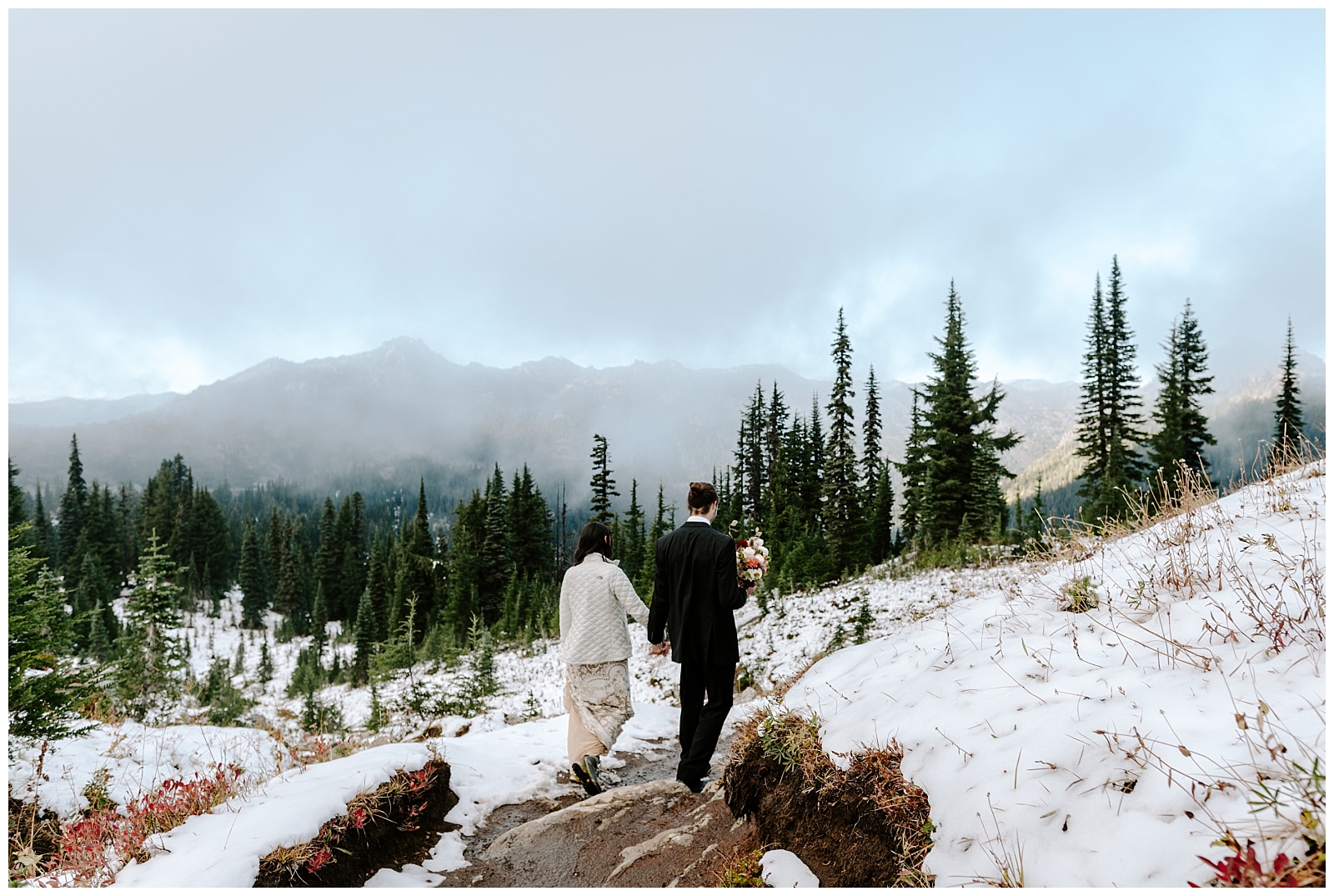 moody elopement day with fog