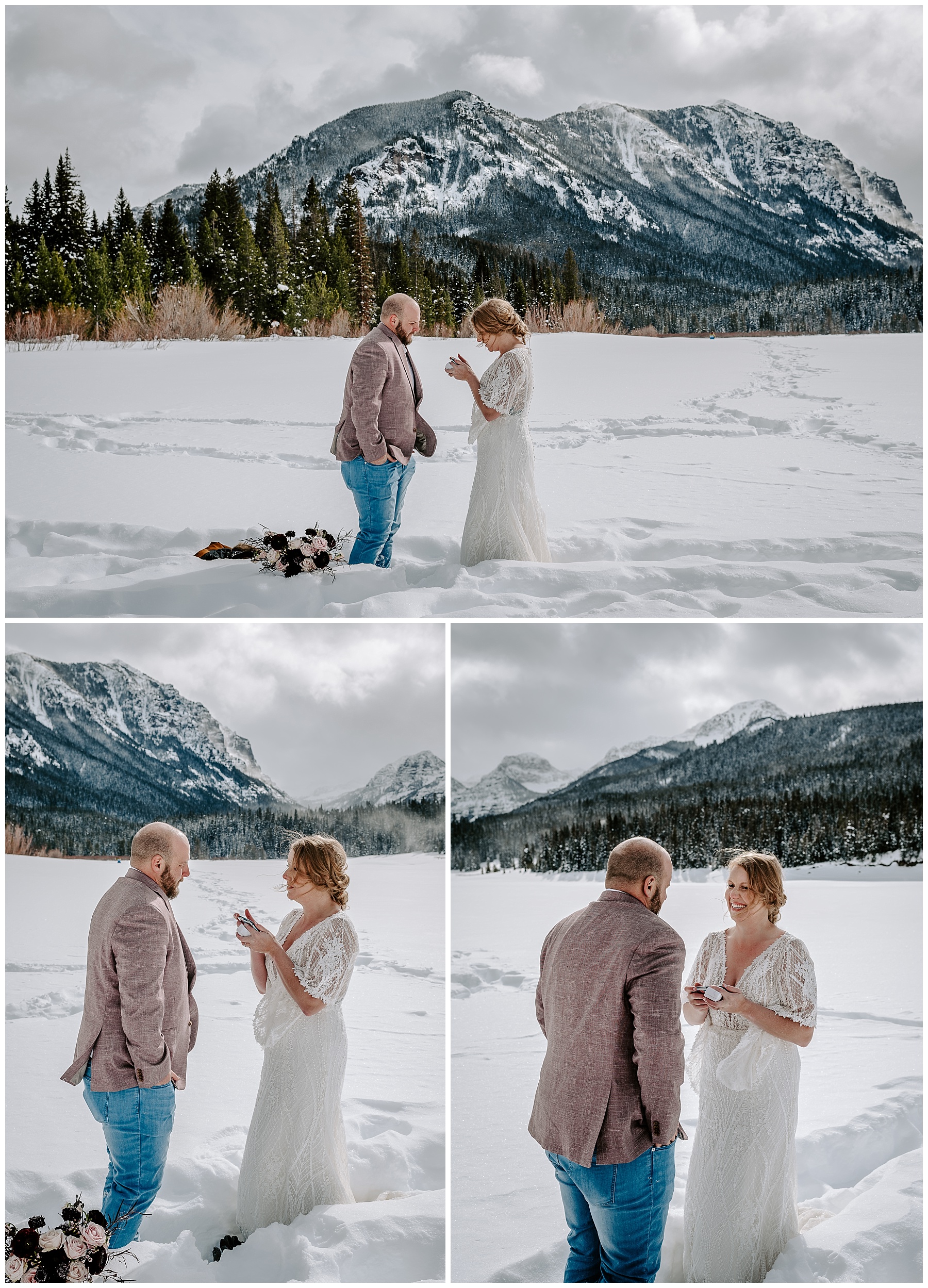 couple hikes during their winter elopement in big sky