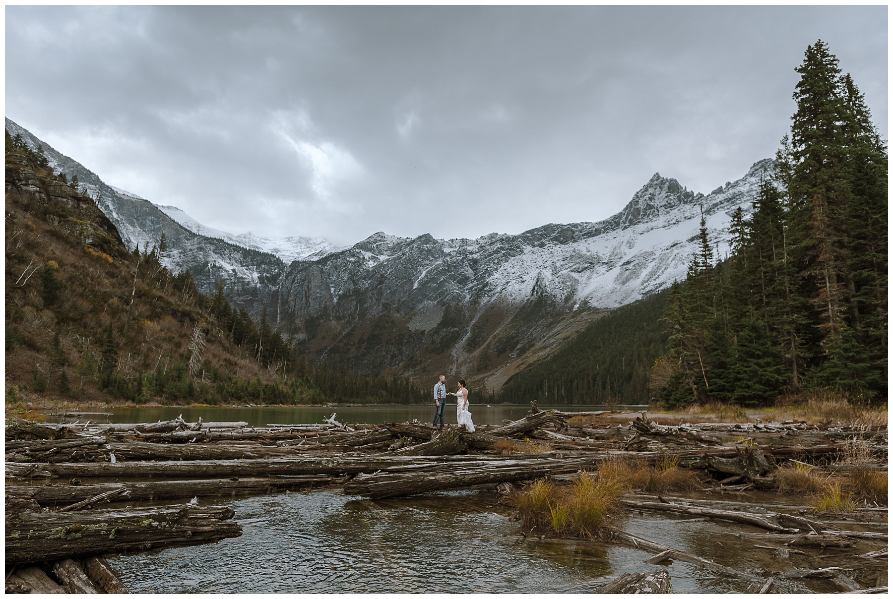 hiking to avalanche lake for elopement